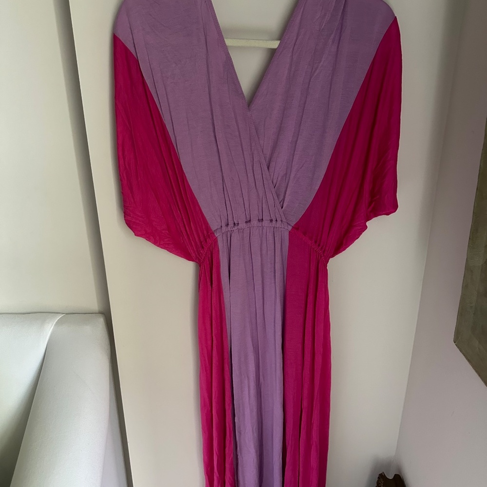 Maxi Summer Coverup Dress - Color block purple and pink casual gown